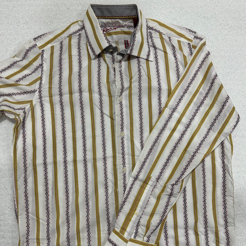 Richard Graham White Yellow Striped Embroidered Button Down Dress Shirt Size M L